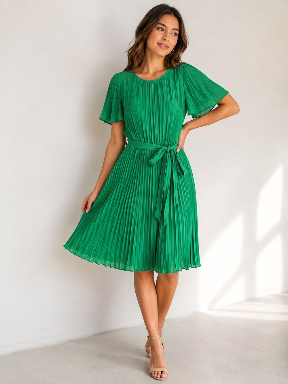 DKNY Emerald Green Pleated Midi Dress Tie Waist Flutter Sleeve